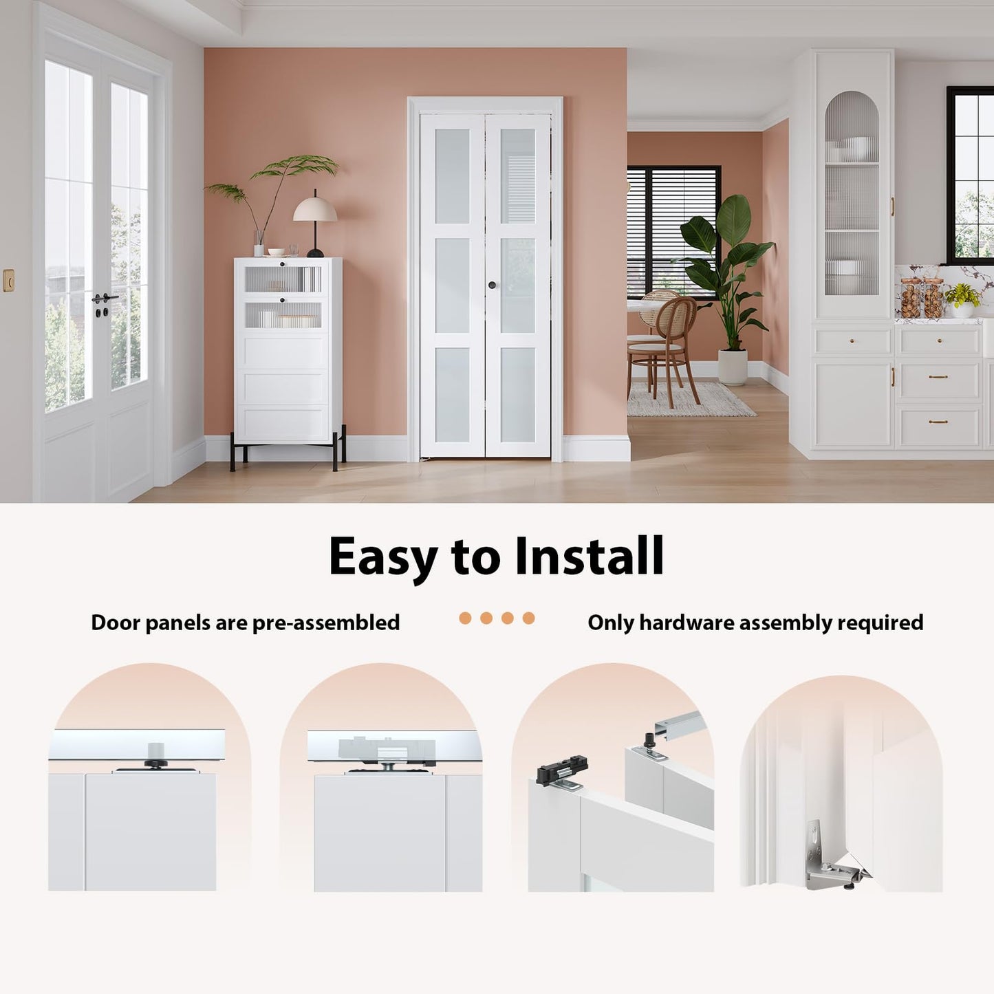 EaseLife Preassembled Bi-Fold Doors, for 28"x 80" Opening,Tempered Frosted Glass Closet Folding Barn Door with Concealed Hardware Kit,MDF Wood Panel,Water-Proof PVC Surface,Easy Installation