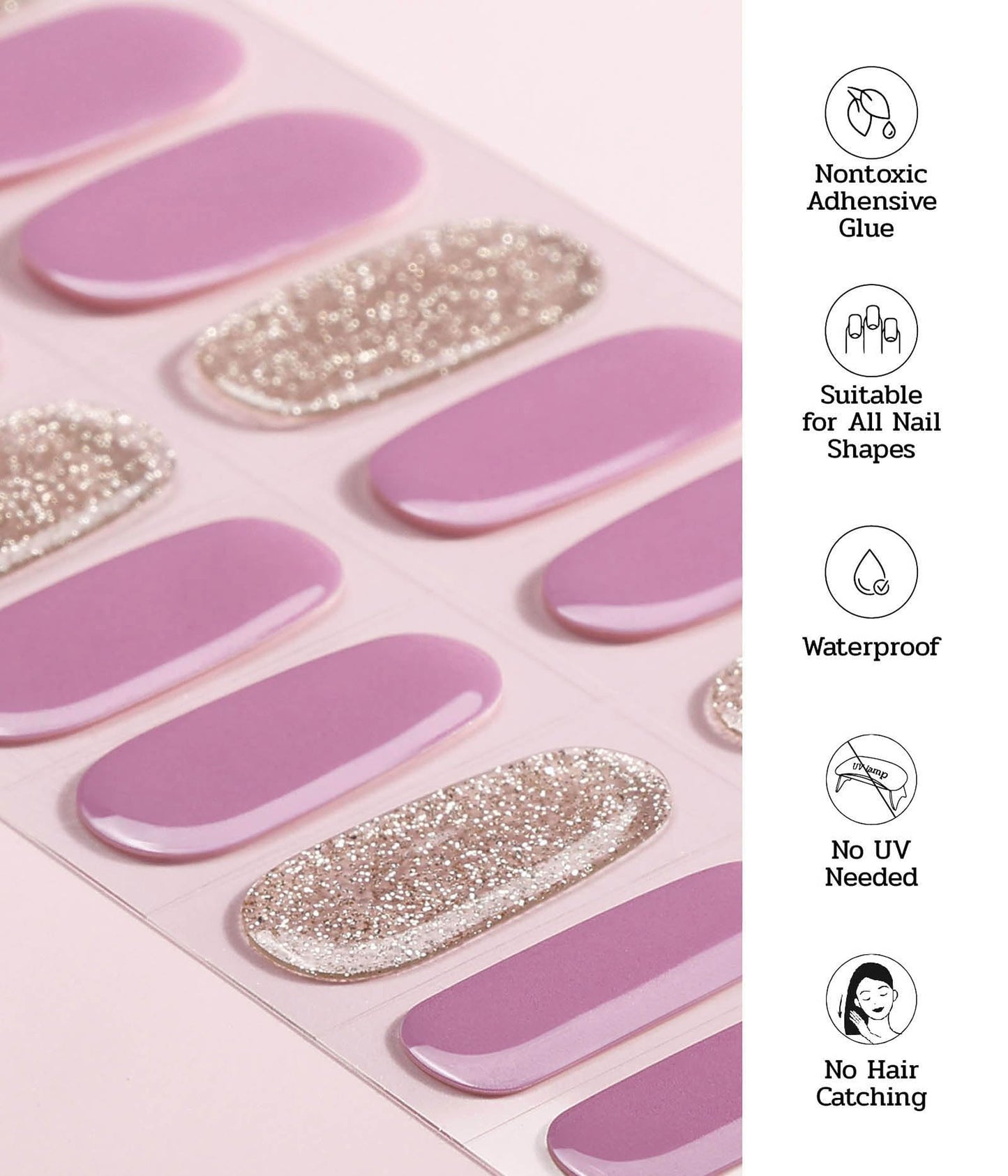ruyeefam Nail Polish Strips (No UV Lamp Needed) - 22 Pcs Salon Quality Gel Nail Stickers - Long Lasting Wraps (Berry Gold Glitter)
