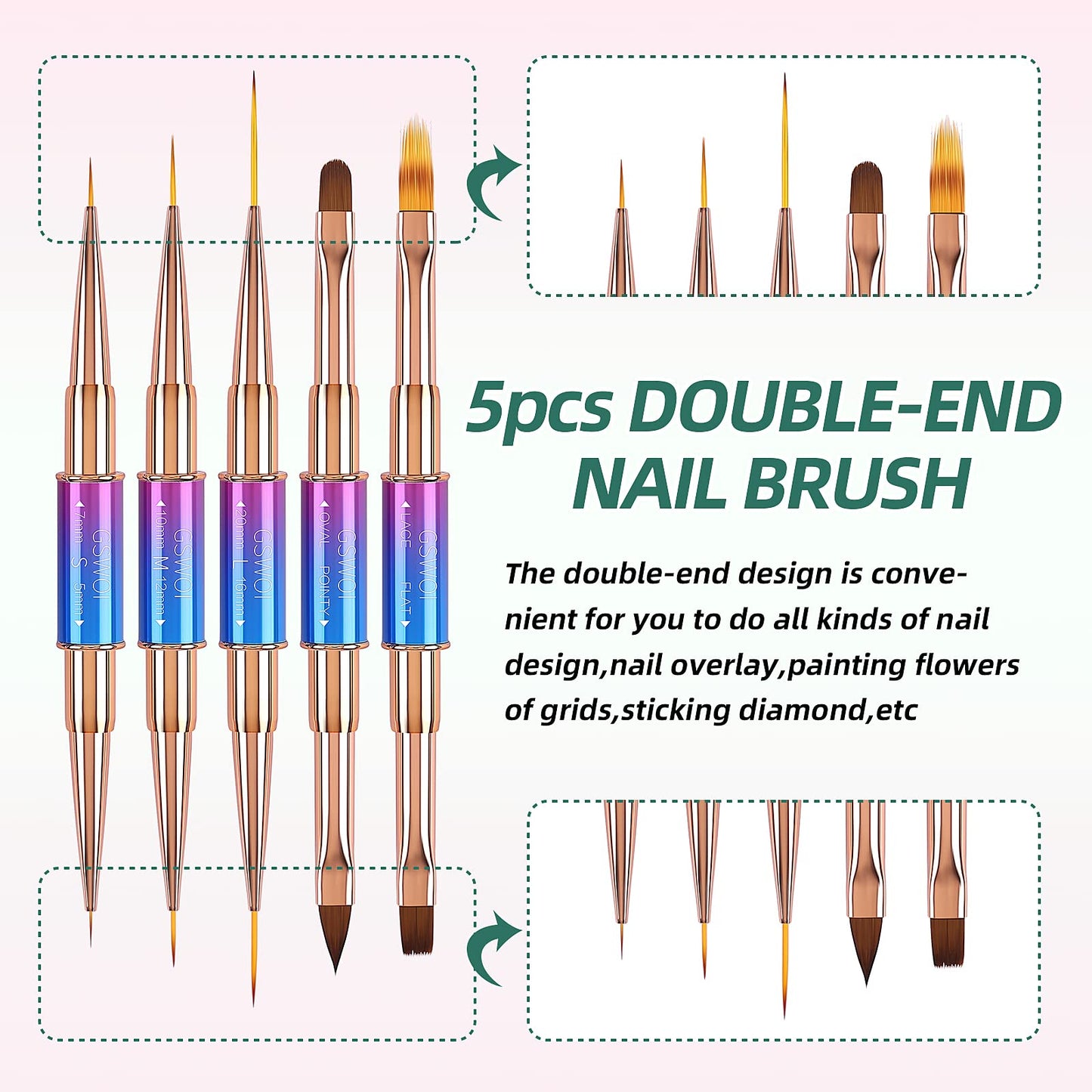 GSWOI Acrylic Nail Art Brushes Set,5PCS Nail Brushes for Nail Art Round Oval Gel Builder Brush Nail Art Tools Nail Liner Brush,Nail Design Brush for Gel Polish Painting Acrylic Nail Drawing Pens