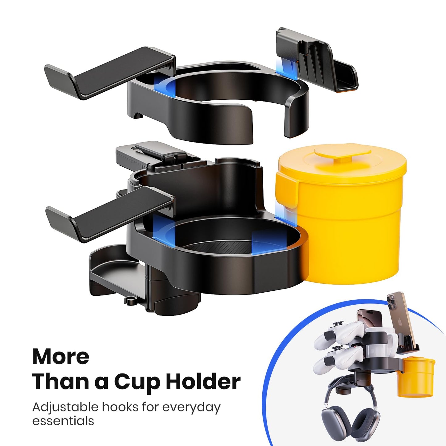 7-in-1 Desk Cup Holder - EURPMASK Organizer with Headphone, Controller Holder, Snack Bucket, and Phone Holder, Clamp-On Desk Accessory with Sturdy Large Storage, Easy to Install, Black