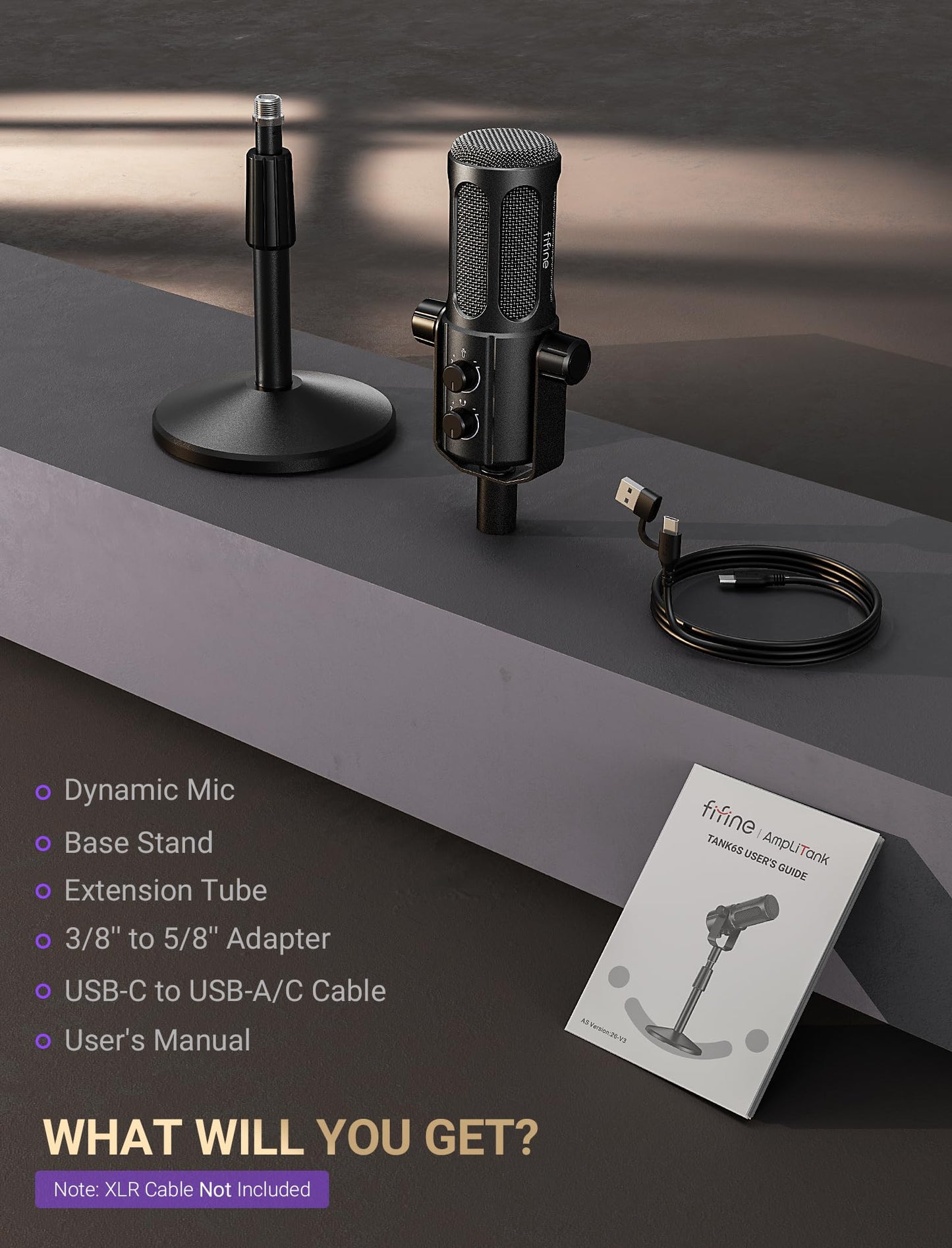 FIFINE AmpliTank TANK6S Vocal-Dynamic-Microphone, XLR-USB-Podcast-Microphone with Desktop Stand, Mute Button, Volume Knob, Studio Metal Built, Streaming-Mic for Content Creation, Music Recording