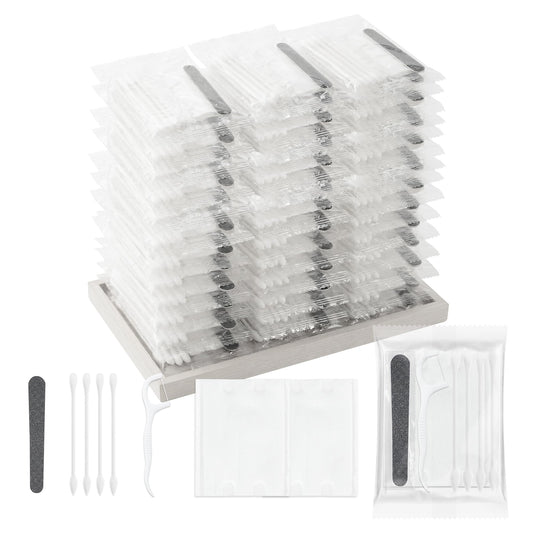 Lomgwumy Bulk Vanity Kits, Hotel Vanity Kits in Individual Packaging, Featuring Cotton Pads, Cotton Swabs, Dental Floss, and Nail Files. Ideal for Travel, Hotels, and Home Use (100-PACK)