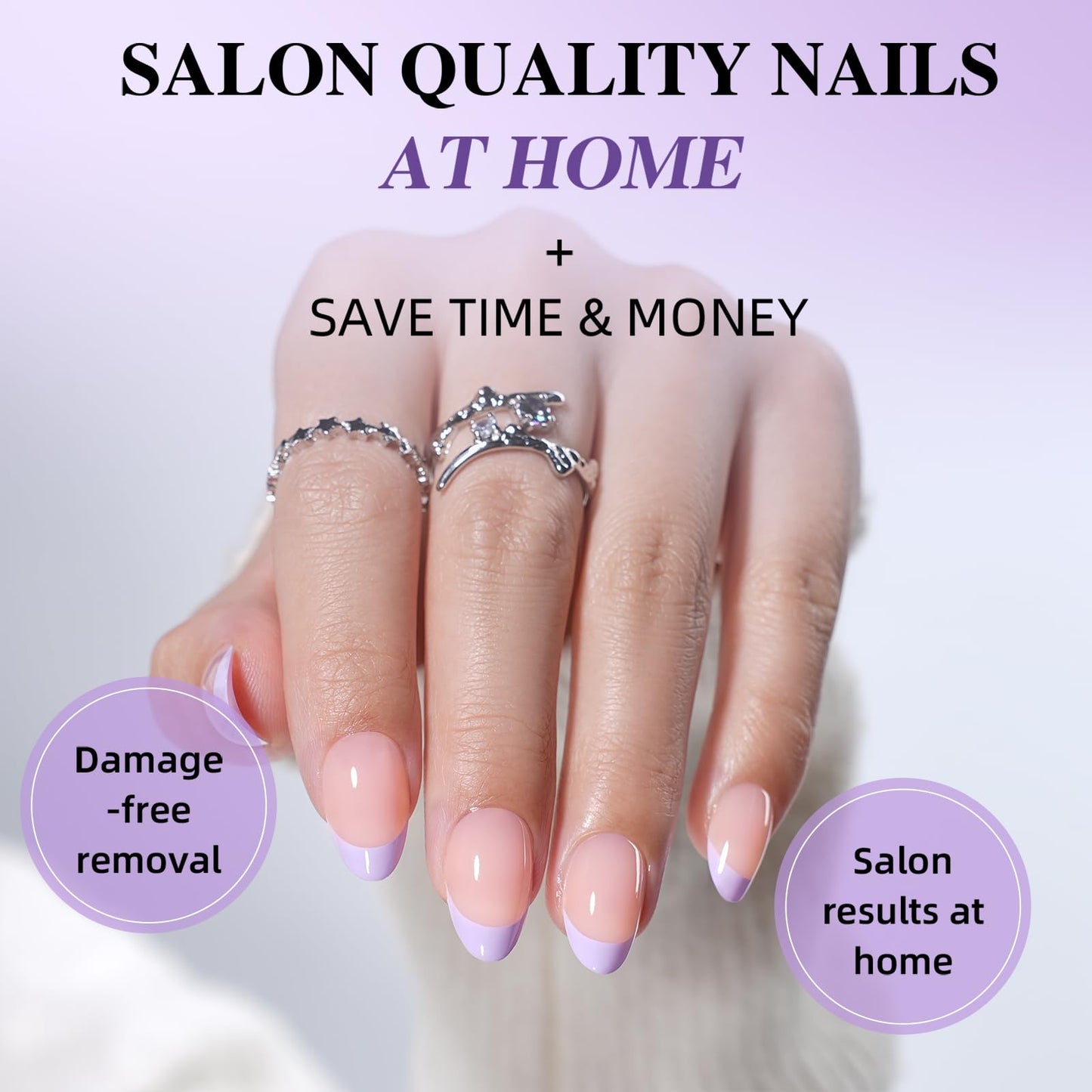 French Tip Press On Nails, Short Almond Purple Tip Design Fake Nails, Reusable Purple Press On Nails with Glue for Women, 32pcs Set in 16 Sizes | Salon Quality