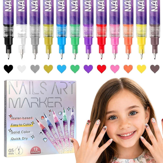 Upgraded 12 Colors Kids Nail Art Pens Set, 0.5mm Ultra-Fine Tip 3D Nail Design Paint Pens, Quick Dry & Waterproof Smooth Ink, Professional Safe Manicure Kit for Girls, Children & Teens