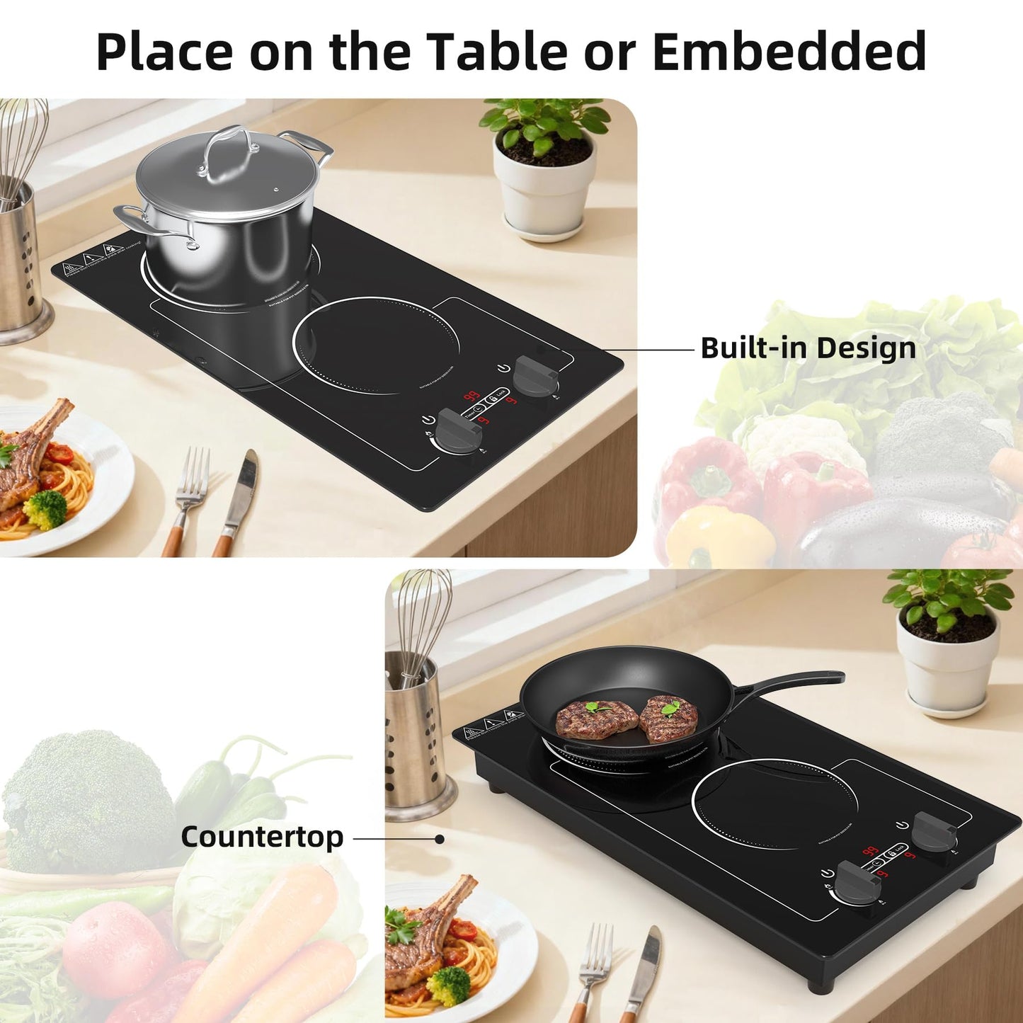 VBGK 2 burner Induction cooktop,110V 2300W double burner hot plate with LED Touch Screen, 9 Power Levels, Kids Lock & Timer, Overheat Protection, knob and touch control Double Induction Cooktop