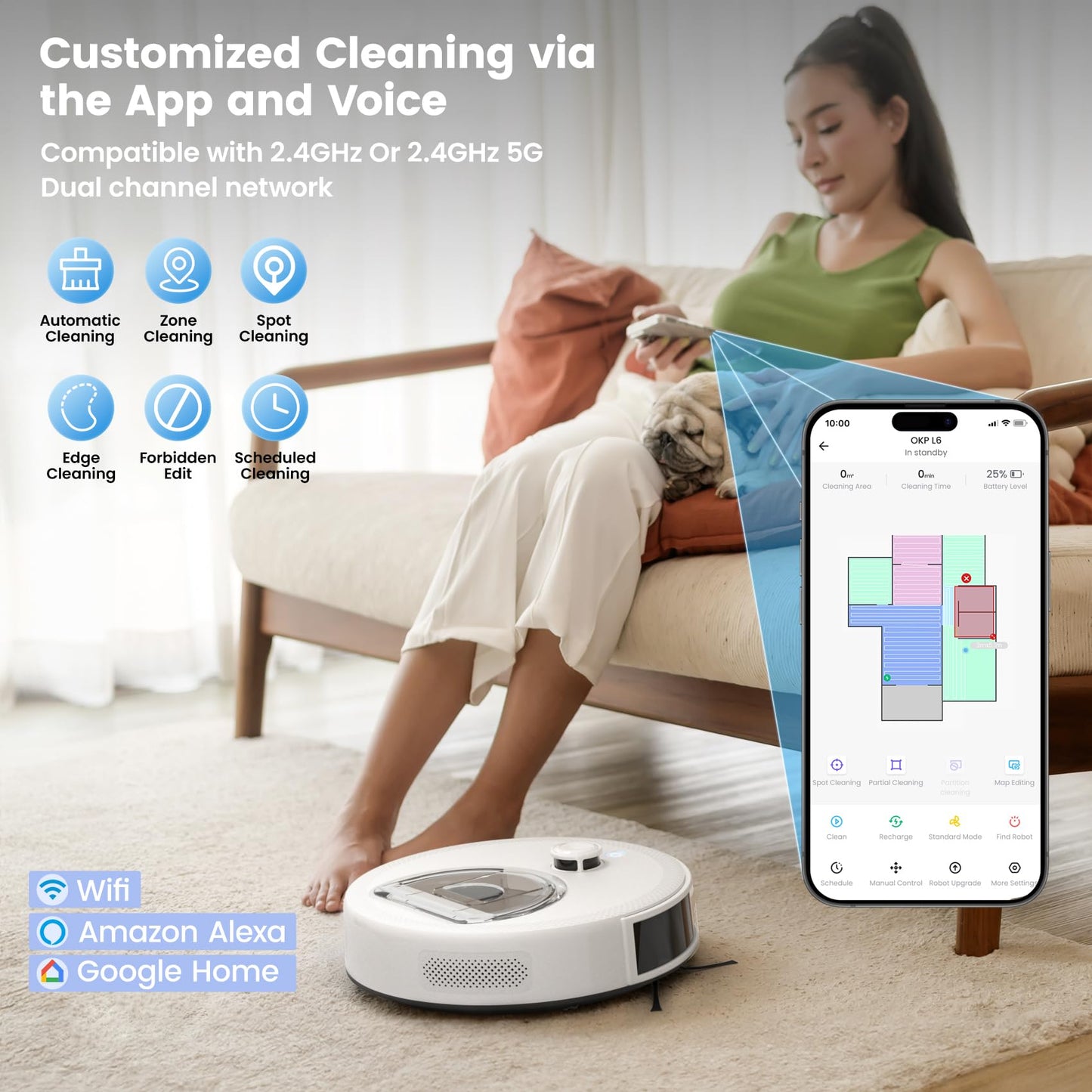 OKP Lidar Robot Vacuum and Mop Combo, 6000Pa Automatic Robotic Vacuum, Smart Mapping, 3.7 inch Thin, 150 Min Max, 5G WiFi/App/Alexa Control, Ideal for Pet Hair, Hardfloors, Carpets, Home(L6 Aqua)