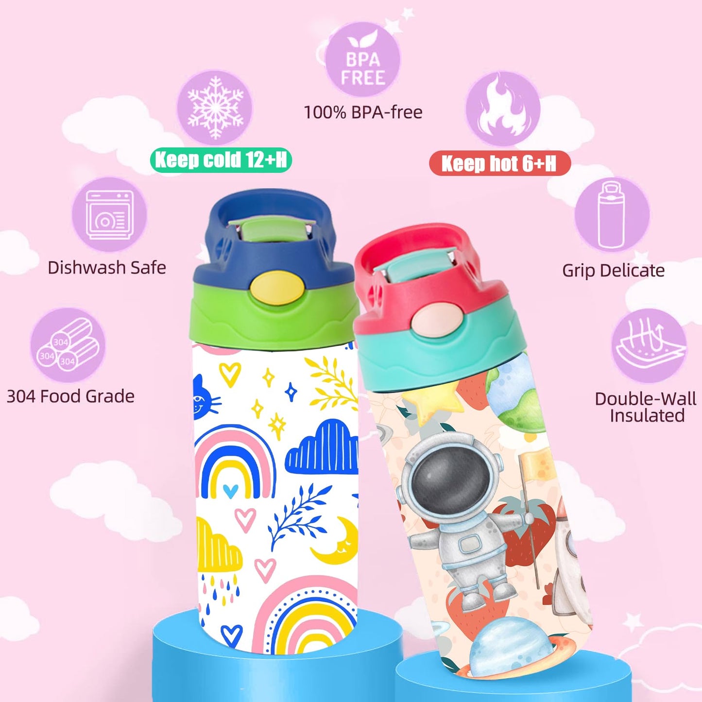 ZREGGUR Mixed Color 30pack 12oz Kids Sippy Cup Sublimation Stainless Steel Thermos Kids Water Bottle For School Toddler Cups Spill Proof With Straws and Lids