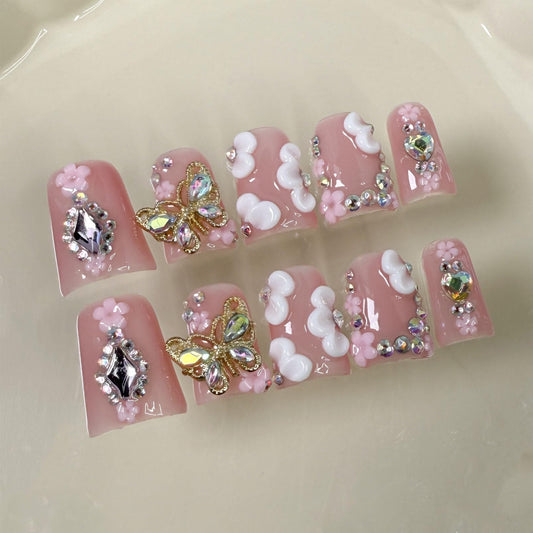 Butterfly Press on Nails, Muti-Layer Gel Handmade Press on Nails Medium, Duck Shaped False Nails with Rhinestone Flower, Full Cover Thickened Fake Nails Designs Stick on Nails for Women Nail Art DIY