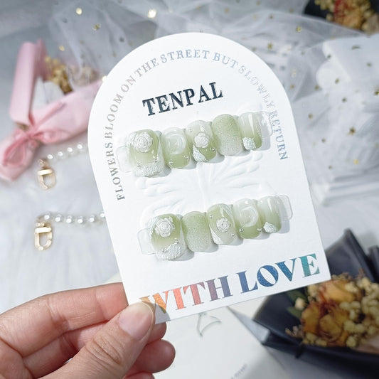 TENPAL Matte Gypsum Green Nails Handmade Press on Nails Short Square Acrylic Fake Nails with Camellia Moon Designs 10pcs/box Full Cover Artificial False Nails Sweet Cute Glue on Nails(M)