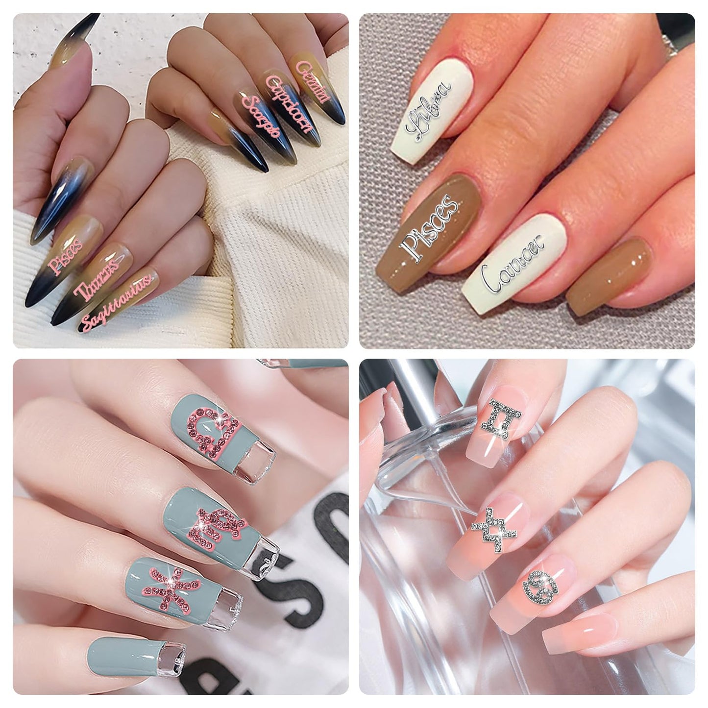 JERCLITY 48 Pieces Pink Silver Alloy Zodiac Nail Charms Zodiac Signs Nail Studs Constellation Words Charms for Nails Twelve Constellation Nail Charms Set for Women Girls Nail Art