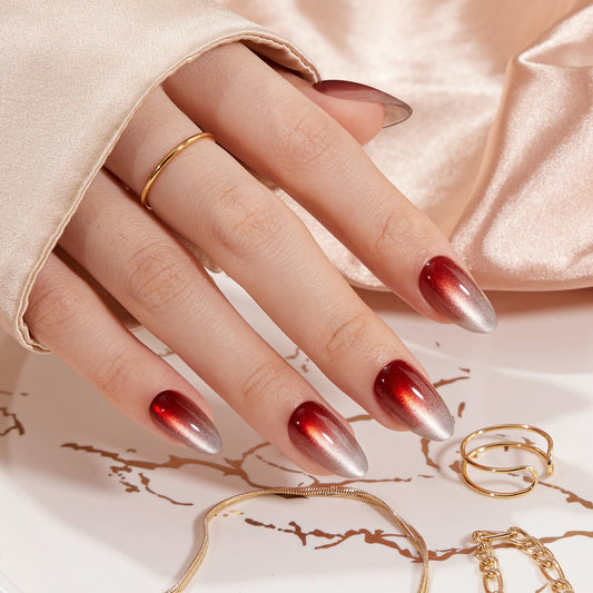 VSALON Press On Nails Short Almond, Cherry Red Cat Eye Spring Glue on Ombre Chrome Fake Nails With UV Cure Glue, Reusable Salon Quality Summer Stick On Nails False Nails Kit, 32 Pcs 16 Sizes