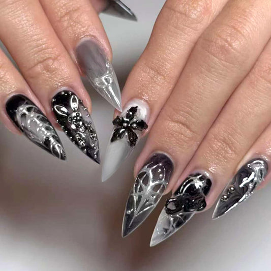 30Pcs Black Smudge Press on Nails Long Almond Fake Nails 3D Flower & Rabbit Design False Nails Chrome Silver Acrylic Nails Silver Metal Irregular Line Full Cover Y2K Star Heart Stick on Nail for Women