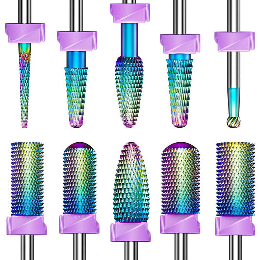GLIX 10-in-1 Professional Nail Drill Bits Set, Rainbow Tungsten Carbide E File Bits for Acrylic Nails & Gel Polish Removal, 3/32" Shank Russian Manicure Kit with Safety Cuticle Ball & Flame Bit