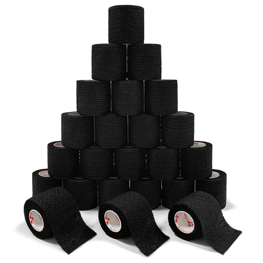 [24Pack 2" x5 Yards] Carbou-Self Adhesive Bandages Sports Wrap, Athletic Elastic Cohesive Bandage for Sports, Injuries, Treatments, and Recovery, First Aid Tape Vet Wrap for Cat, Dog Black