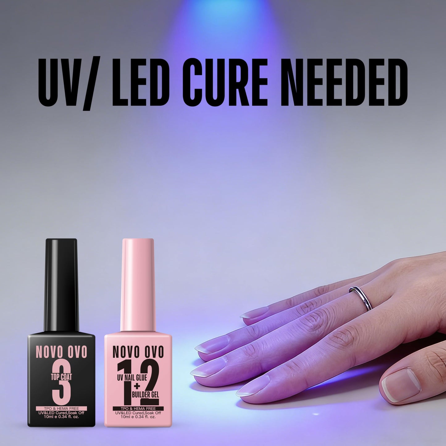 NOVO OVO UV Nail Glue and Builder Gel 2 in 1, No Wipe Top Coat Kit for Predesigned French Tip Nail Tips, HEMA TPO FREE, Super Strong Adhesive for Press on Acrylic Nails, Long Lasting, Easy to Use