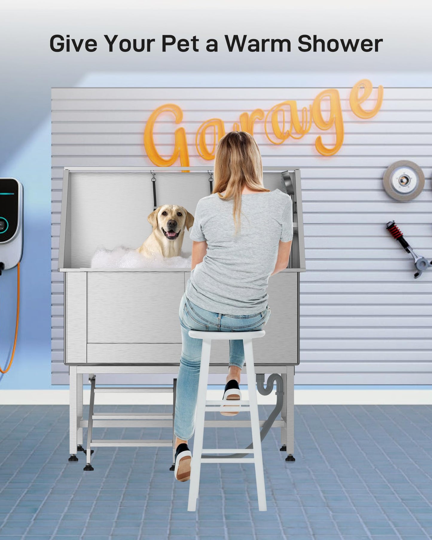 DEXSO 50" Large Stainless Steel Dog Bathing Station, Dog Grooming Bathtub with Faucet, Sprayer, Drain, Left Sliding Door & Retractable Stairs, Professional Dog Bathtub for Home