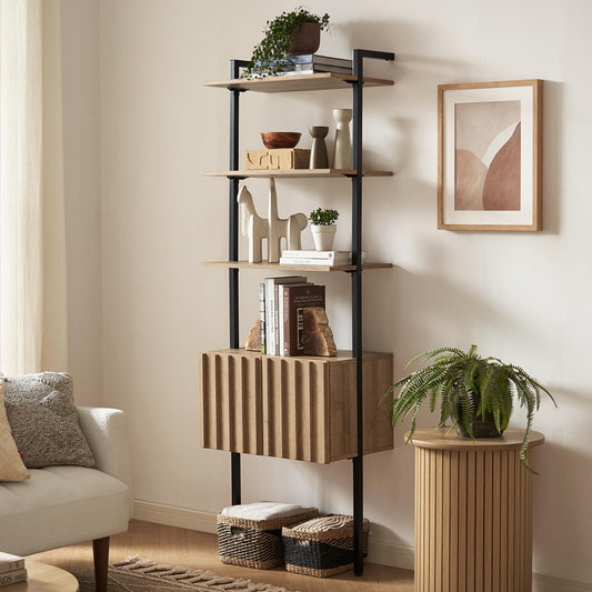 mopio Norwin Ladder Book Shelf, Wall-Mount Storage Rack, Wall Bookshelf, Farmhouse Industrial Bookcase, Narrow Slim Organizer, Steel Frame Display Shelves, Living Room, Bedroom (3-Tier Cabinet Single)