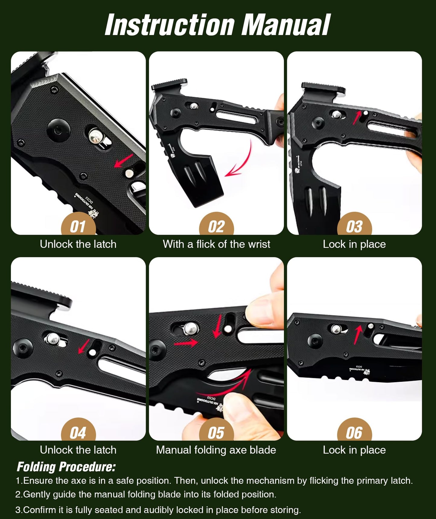 HX OUTDOORS Folding Tactical Axe Survival Multitool, DC53 Steel Blade with Black Titanium, Camping Axe with Hammer & Bottle Opener, G10 Handle for Outdoor Gear,Various Tactical and Survival scenarios