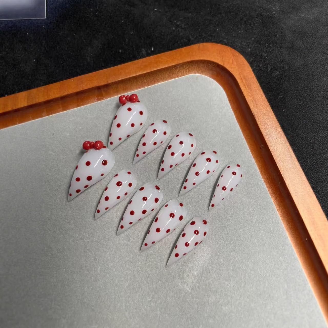 Handmade Press on Nails Red Polka Dot & Bow Fake Nail Designs Eagle Claw Press on Nails Unique Stiletto Thicked Acrylic Nails Cat Dragon Claw False Nails Luxury Stick on Manicuare Art for Women (M)