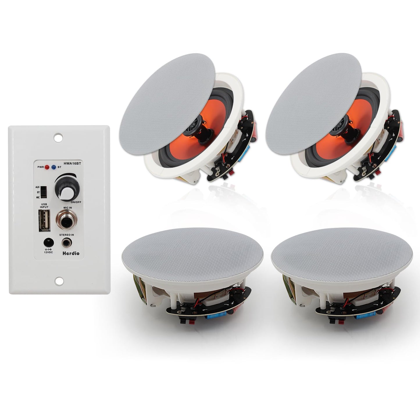 Herdio 6.5'' Bluetooth in Wall in Ceiling Speakers 600W 2-Way Flush Mount Speakers System with Wall Amplifier Receiver for Home Theater Office (2Pairs, Paintable-Grille)
