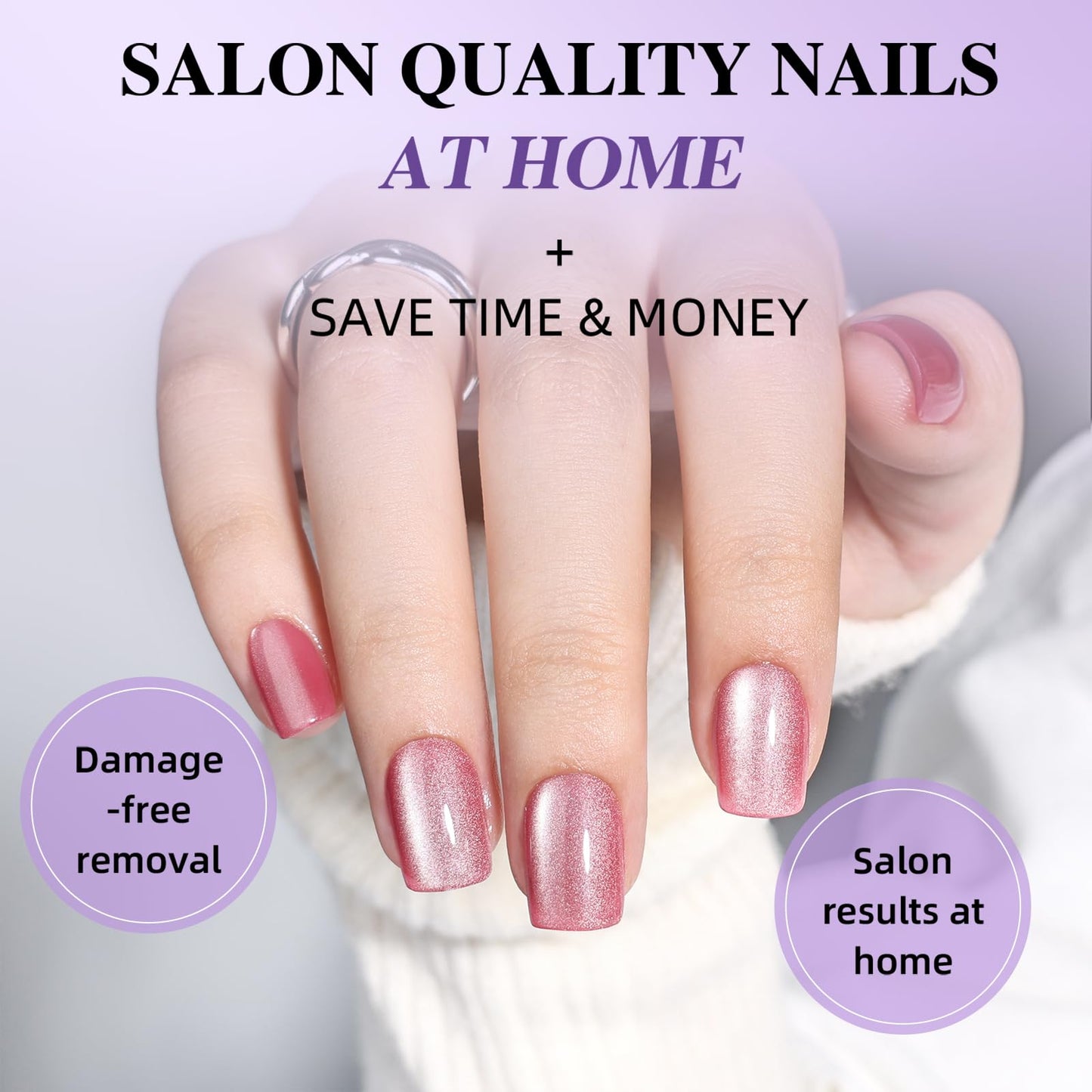 Cat Eye Press On Nails - Rose Pink Press On Nails, Short Square Nails Press Ons for Women Fake Nails with Glue, Glossy Reusable Glue on Nail in 15 Sizes - 30pcs