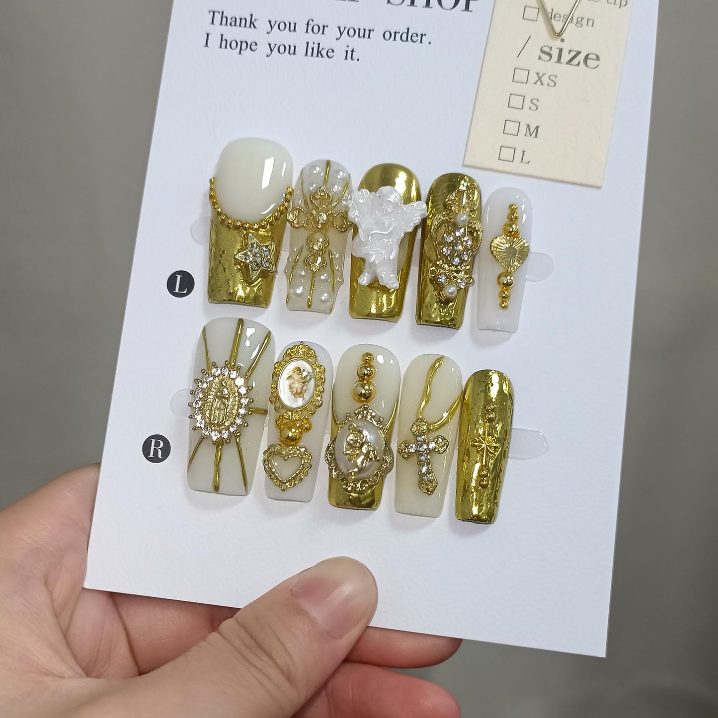 TENPAL Baroque Press on Nails Long Coffin 3D Embossed Pearl Cross Charm Luxury False Nails for Women Gold Glam Royal Cathedral Style Glue on Nails for Parties Holiday Events(L)