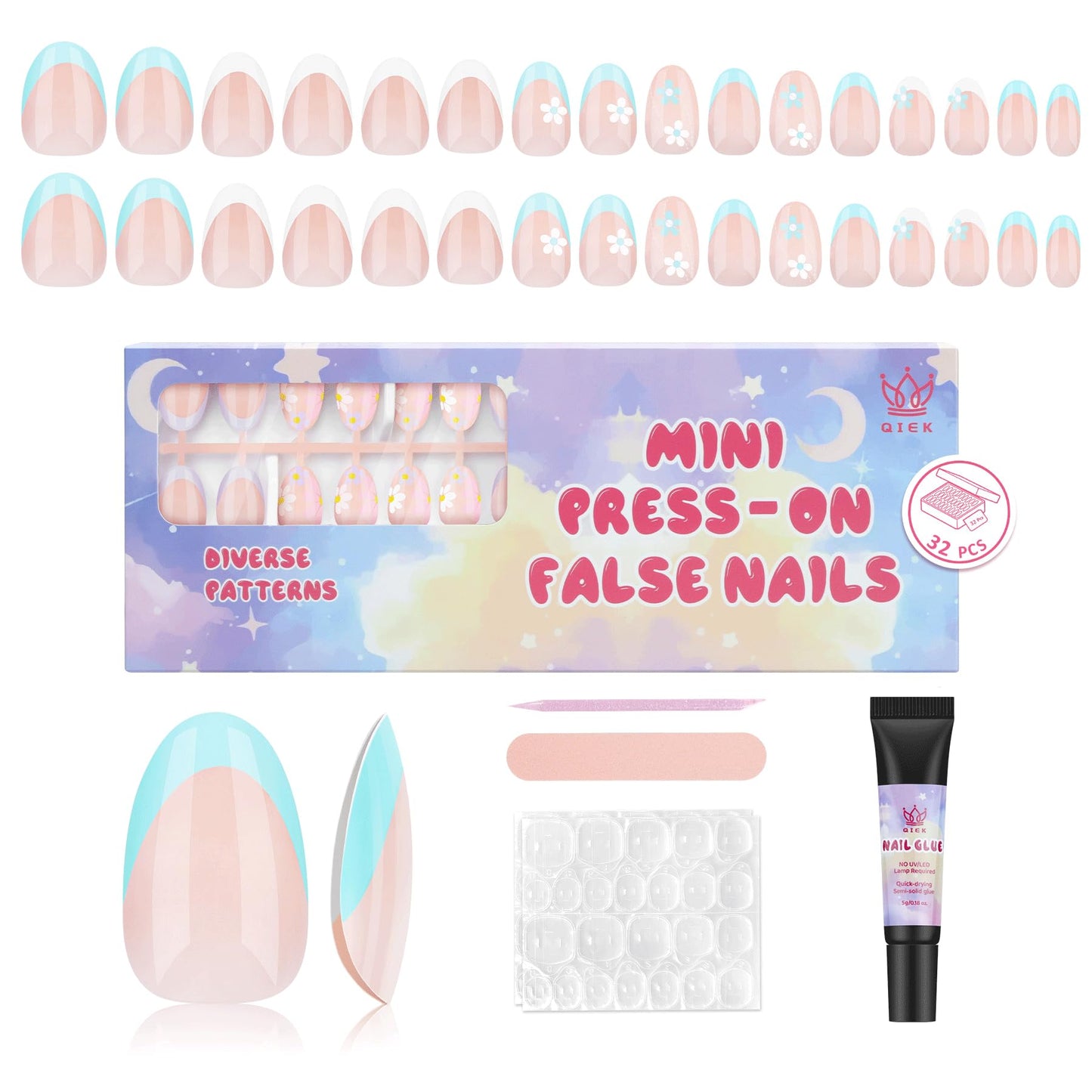 Qiek 16 Sizes Press on Nails Kit for Kids - 32 Pieces French Almond Fake Nail Tips for Girls 8-12 Years Old with Jelly Nail Adhesives & No-Lamp Nail Glue, Birthday Gifts(Blue French Flower)