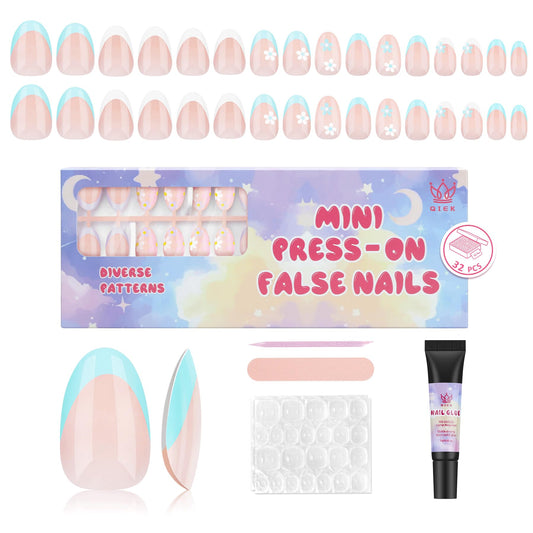 Qiek 16 Sizes Press on Nails Kit for Kids - 32 Pieces French Almond Fake Nail Tips for Girls 8-12 Years Old with Jelly Nail Adhesives & No-Lamp Nail Glue, Birthday Gifts(Blue French Flower)