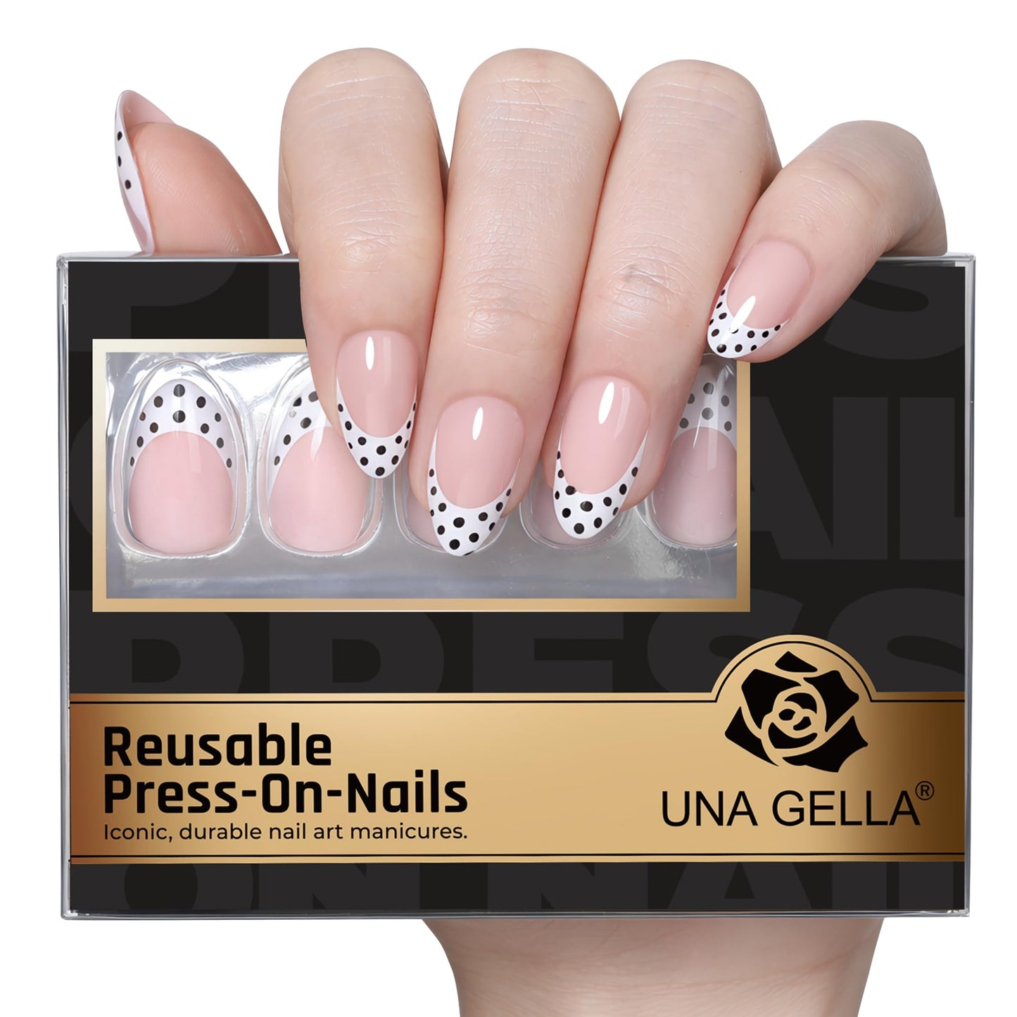 UNA GELLA 32Pcs Soft Gel Press on Nails - 16 Sizes Polka Dot French Tip Almond Glue on Nails, Reusable Nude False Nails with Black Dots, Full Cover Acrylic Nail Kit for Women DIY Home Manicure