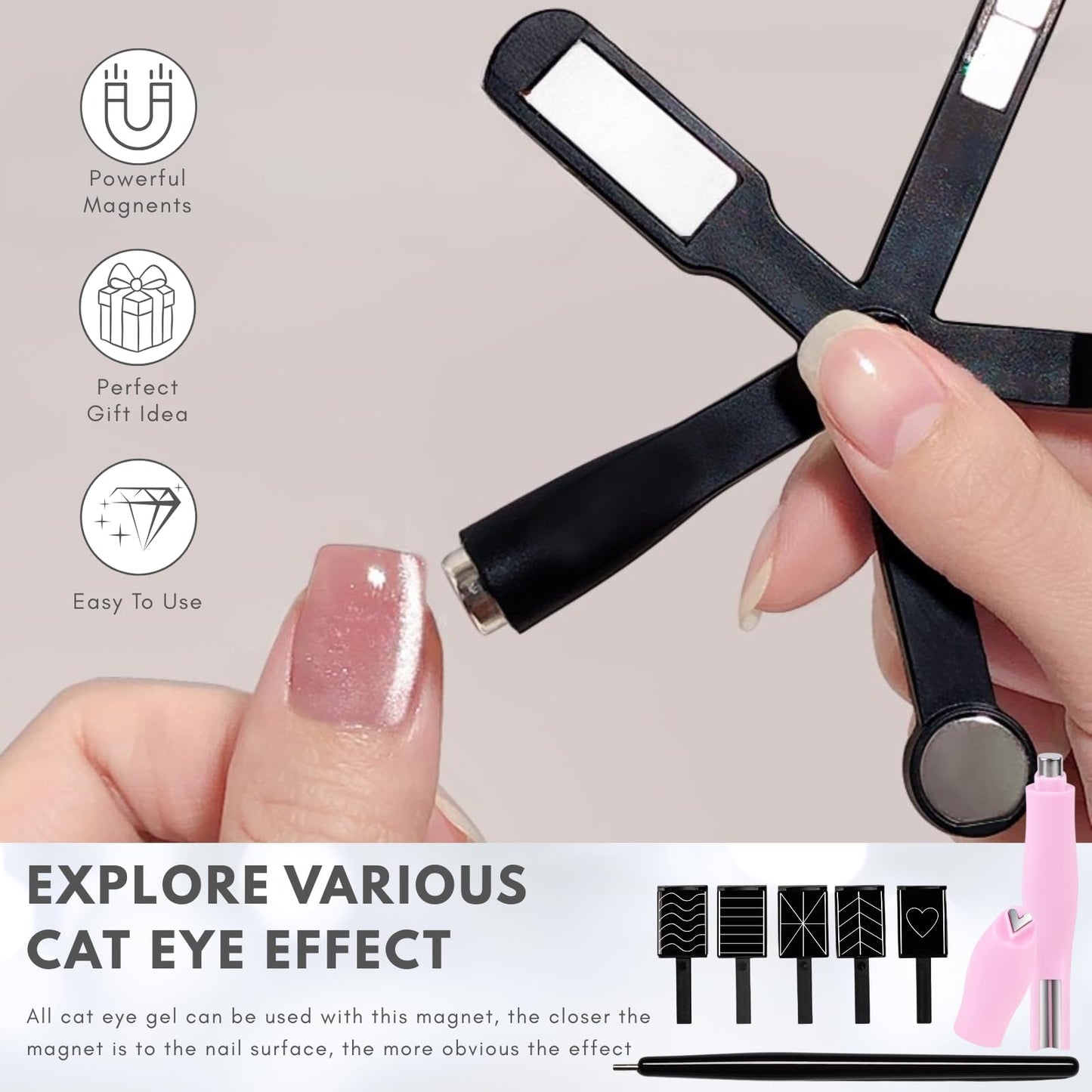 Nail Polish Magnet, 6-in-1 Cat Eye Magnet Kit for Nails, 3-in-1 Nail Polish Magnet Nail Art Tools with 5 Magic Design Plates, For Home DIY & Salon Use, Create Salon Looks Easily (Black)
