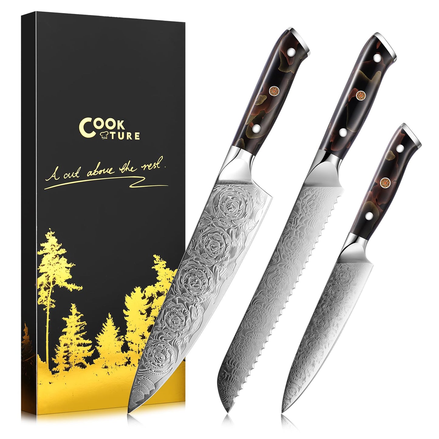 Damascus Chef Knife 3pcs, Professional Japanese Kitchen Knife with High Carbon Steel Core, Ergonomic Resin Handle, Leather Sheath & Luxury Gift Box - Ideal Gift for Men Women