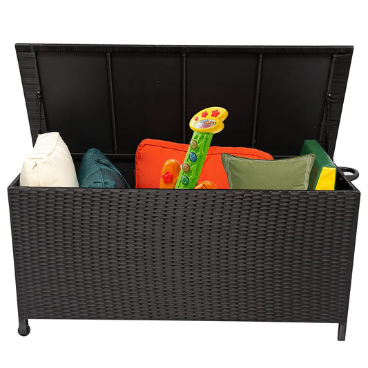 Celah 120 Gallon Outdoor Deck Box Storage Container, Rattan Wicker Storage Box with Handles and Wheels for Patio Furniture Cushions, Garden Tools, Pool Accessories (Black)