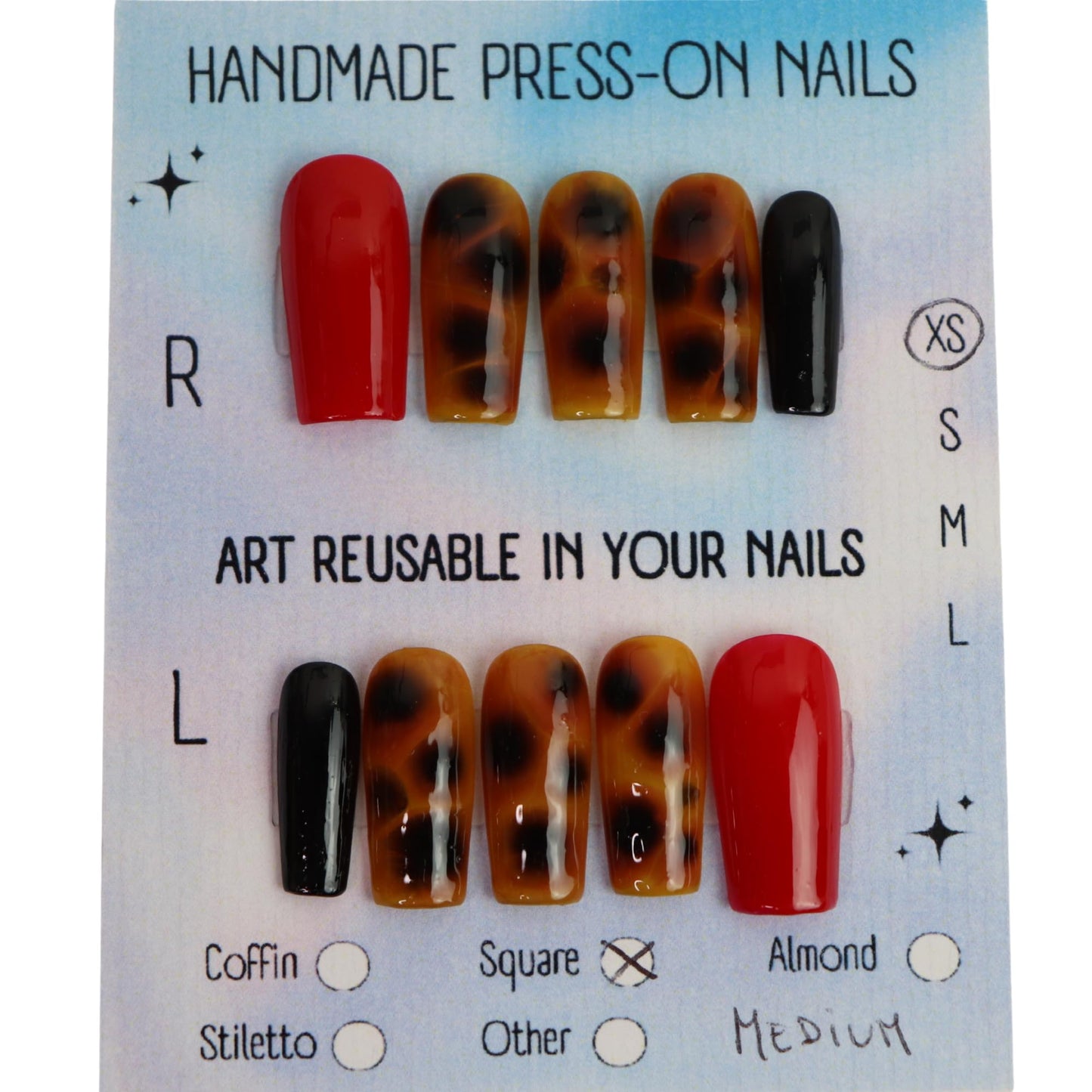 Tortoise Luxe Press-On Nails Medium Square | Handmade Tortoiseshell Red and Black Nails | Reusable False Nails | Elegant Custom Nail Set (Tortoise Luxe Red, S Medium Square)