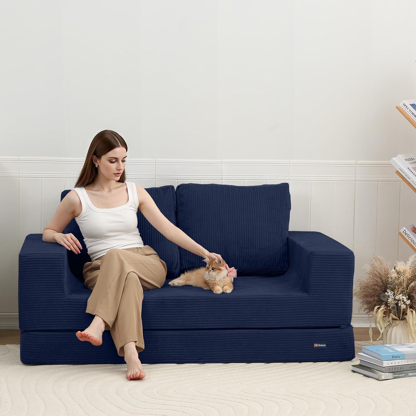 COMAX Convertible Sofa Bed Queen, Folding Fold Out Couch Bed, Floor Futon Couch Corduroy with Back Pillows, Boneless Sofa Comfy Lounge Sleeper Mattress Loveseat for Living Room Bedroom, Navy Blue
