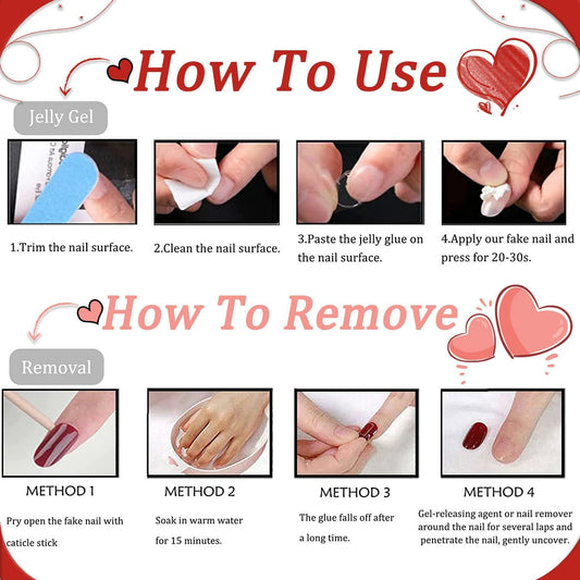 French Tip Press on Nails Medium Square Fake Nails Red Heart Acrylic Nails Glossy Reusable Artificial Nails Glue on Nails for Women Girls Manicure 24Pcs