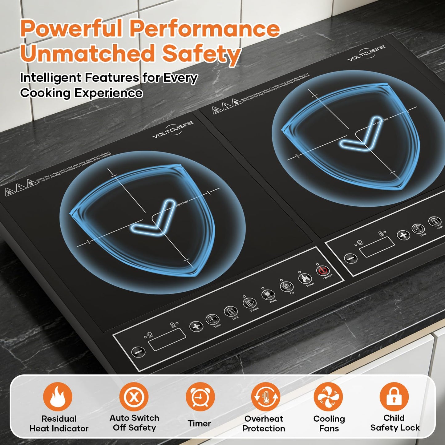 VoltCuisine 24 Inch Double Induction Cooktop, Physical Button Control, 1800W Shared Power, Dual Burner Portable Electric Stove with Low Power Continuous Heating, Countertop Cooker for Home & RV