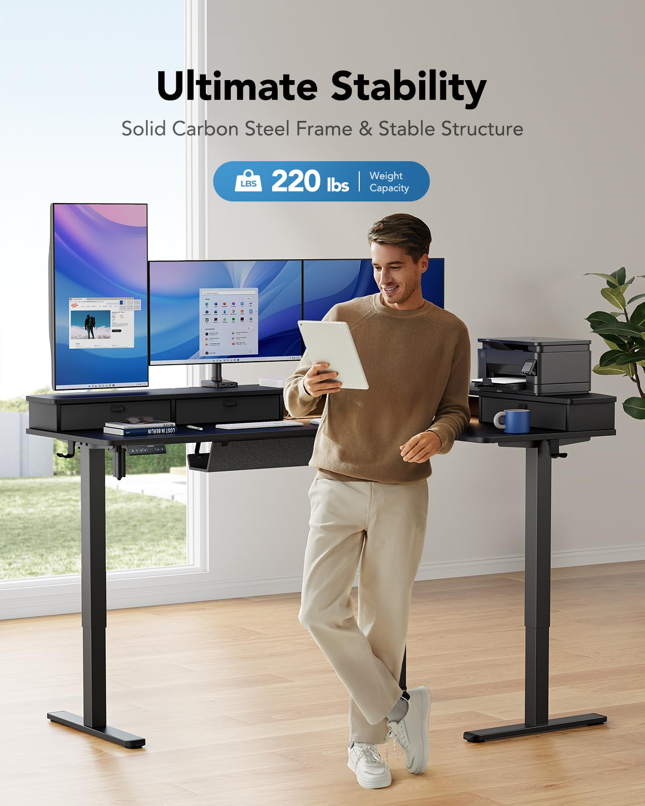 HUANUO 65″ L-Shaped Standing Desk with Power Outlets & LED Strip, Electric Height Adjustable Corner Computer Desk, Sit Stand Up Desk with 3 Drawers, Black