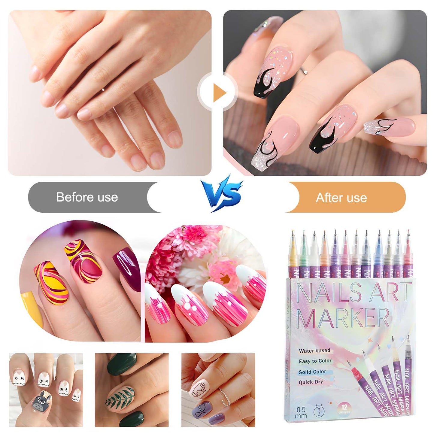 12 Colors Nail Art Pens for Painting Nails - DIY Acrylic Drawing, Dotting, Liner, Polishing, Graffiti, Detailing - for Home, Salon, and Gifts for Women