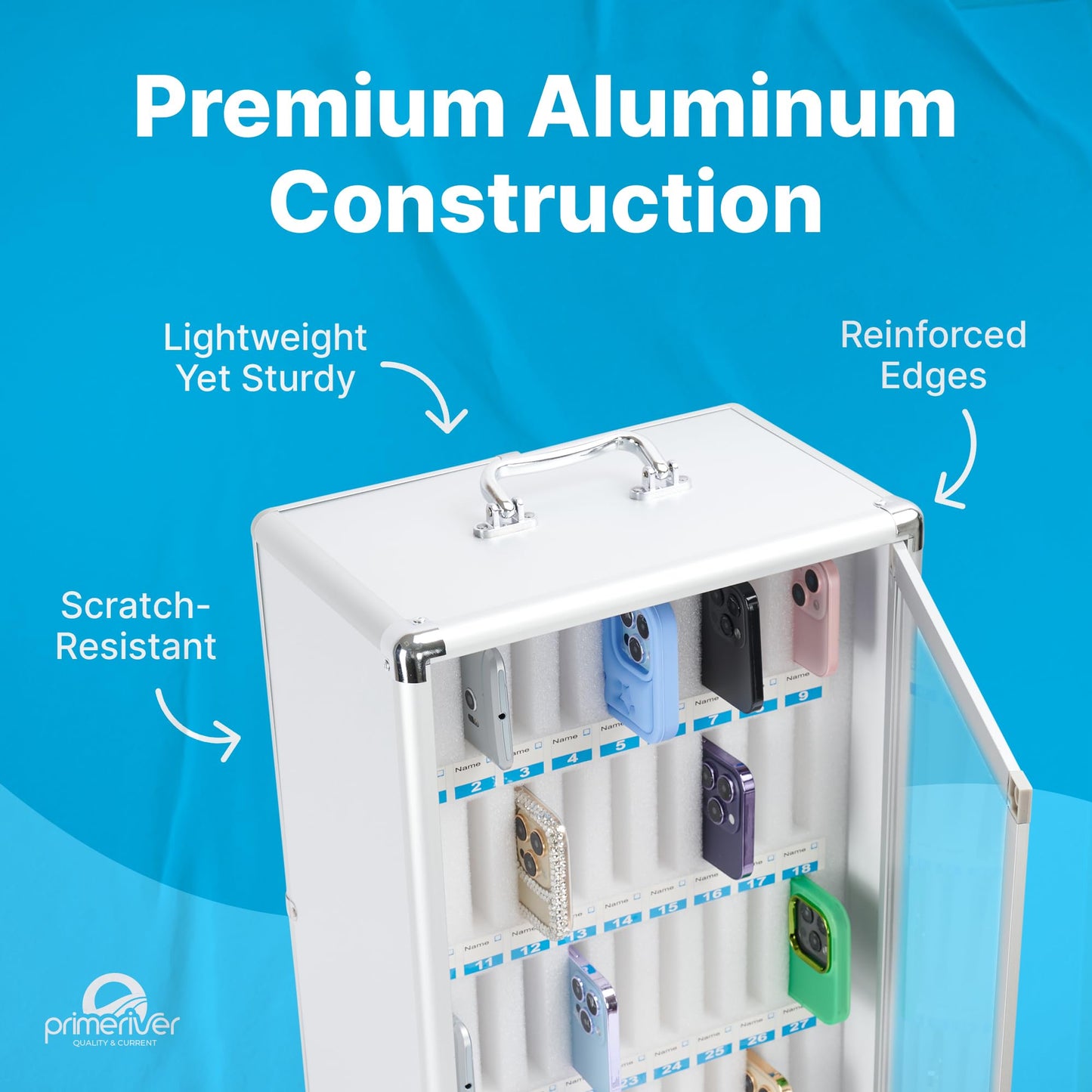 PRIMERIVER Cell Phone Locker for Classroom, Gym & Office | Secure Aluminum Storage Cabinet – 36 Slots | Portable & Wall-Mounted Organizer