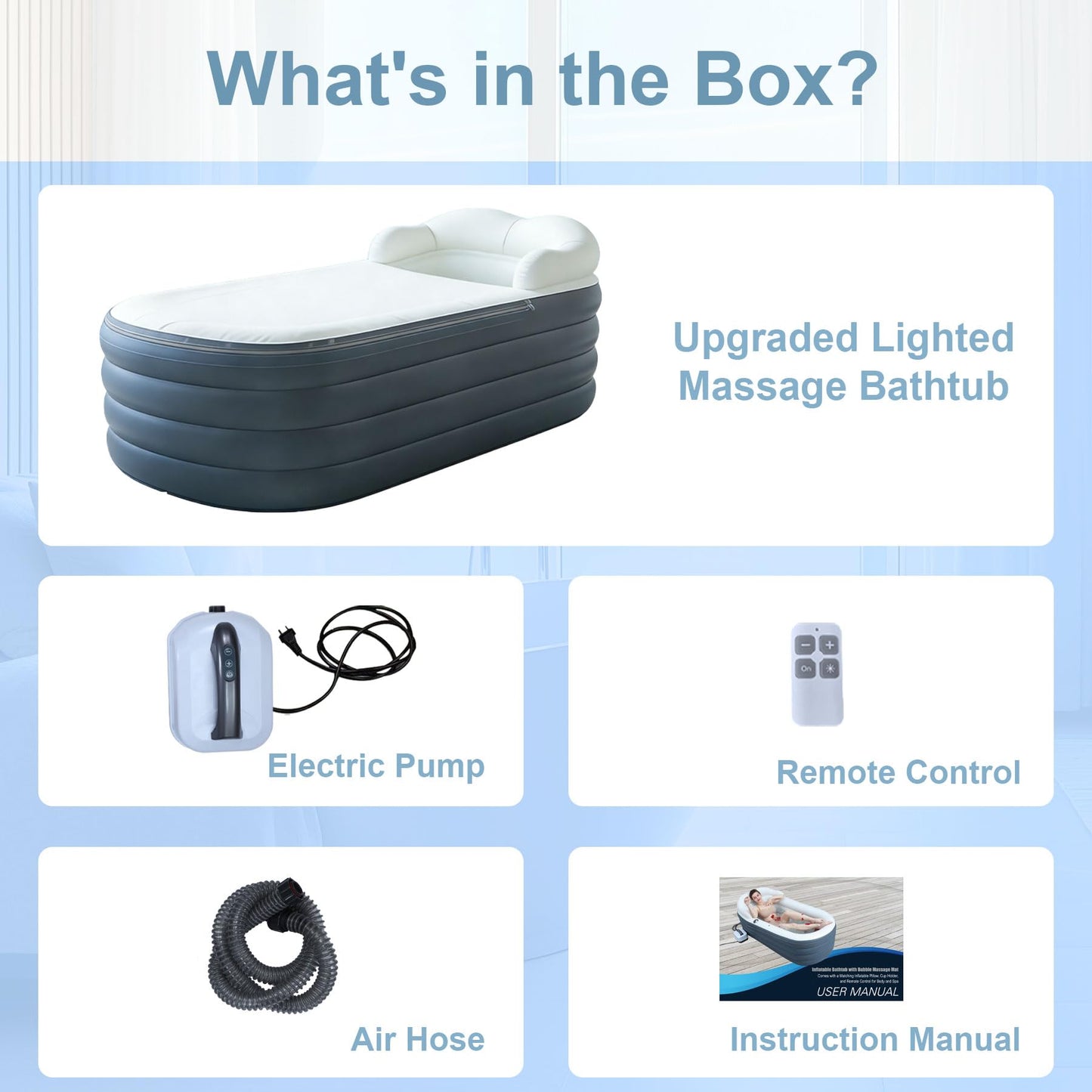 Inflatable Bathtub Bubble Massage Mat, Portable Adult Spa Bathtub, All-in-one Wavemaker and Air Pump, Adjustable Bubble Settings - Includes Remote Control, Inflatable Backrest and Atmosphere Lighting