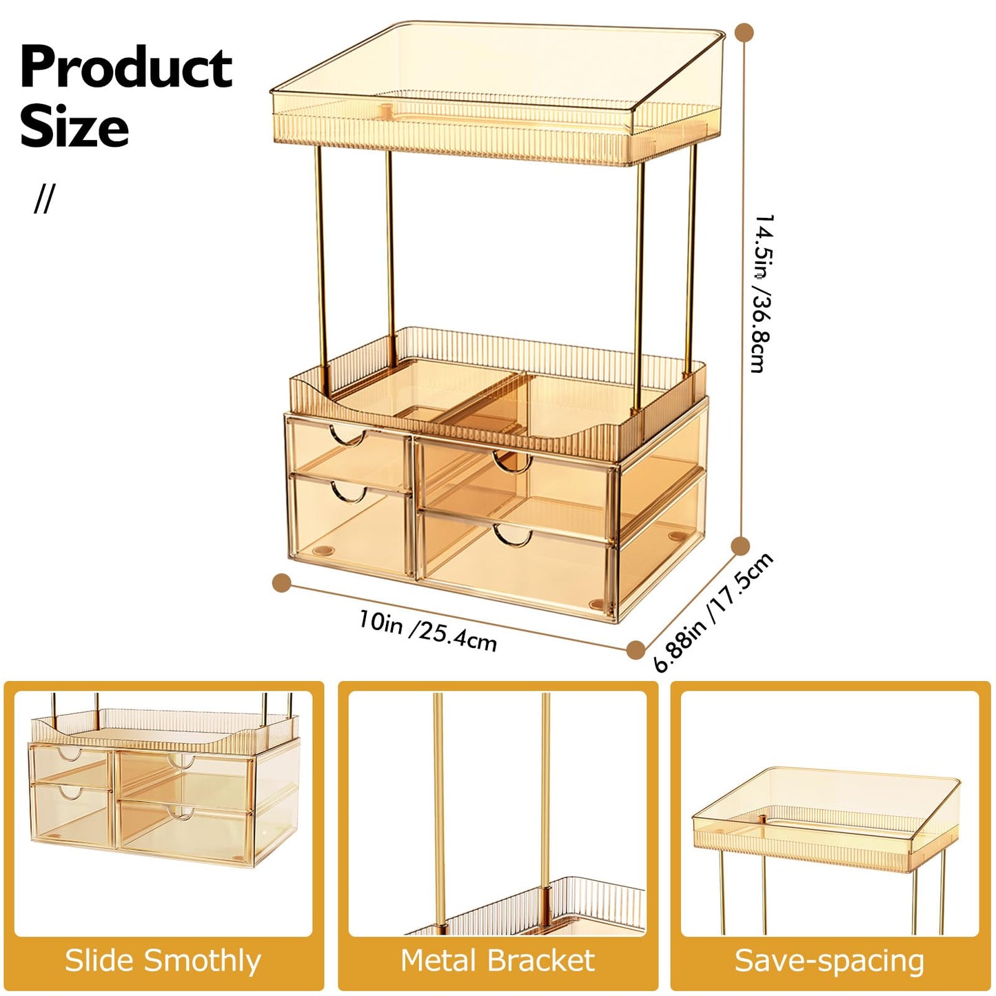 SNSLXH 4 Drawers Makeup Organizer - 4 Tier Makeup Storage, Cosmetics Organiser, Ideal for Cosmetic, 4 Dividers with Drawers for Countertop, Bathroom, Office Supplies, Dresser Transparent Tawny