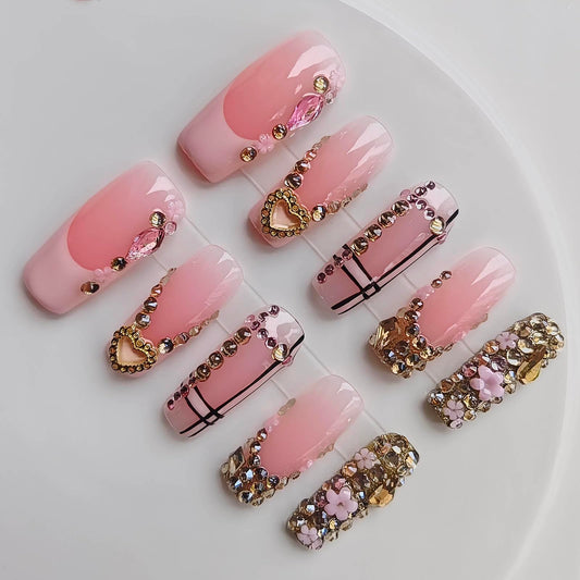 Gleamrain 10pcs Handmade Long Press-on Nails Coffin Shape (M Size) with 3D Flower Designs Pink Fake Homemade Presson Nails for Women Suitable for Summer Vacation, Beach Proms, Parties Wear, D106