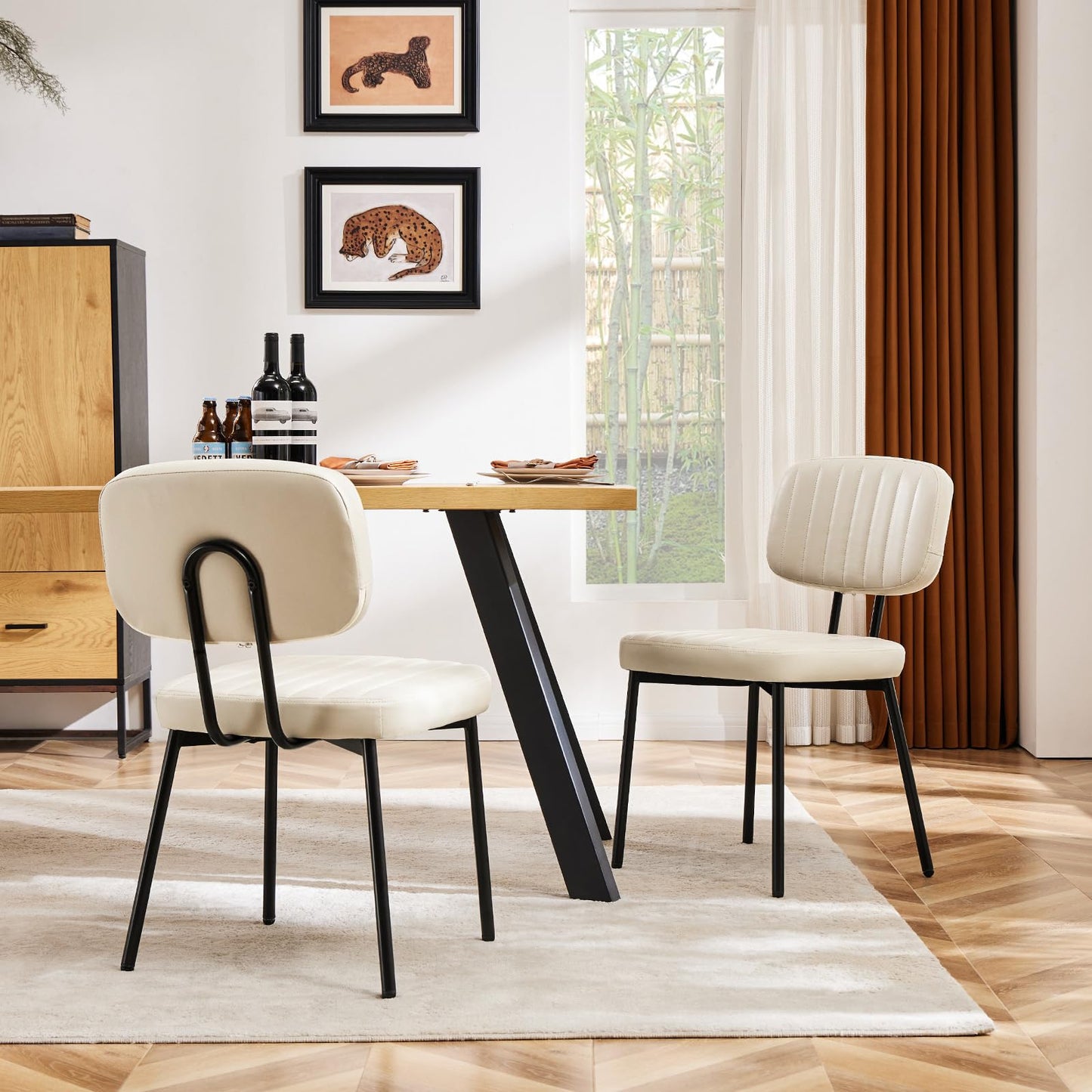 Sweetcrispy Dining Chairs Set of 2, Upholstered Mid Century Modern Kitchen Accent Chairs with Faux Leather Cushion Seat & Metal Legs for Home Office, Living Room-Beige White