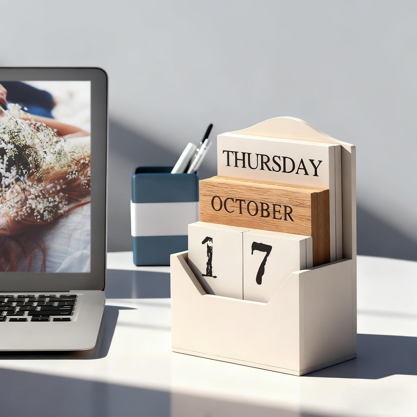 Perpetual Calendar Wooden Blocks Calendar for Home Office Desk Date Week Month Accessories (Vintage White Calendar)