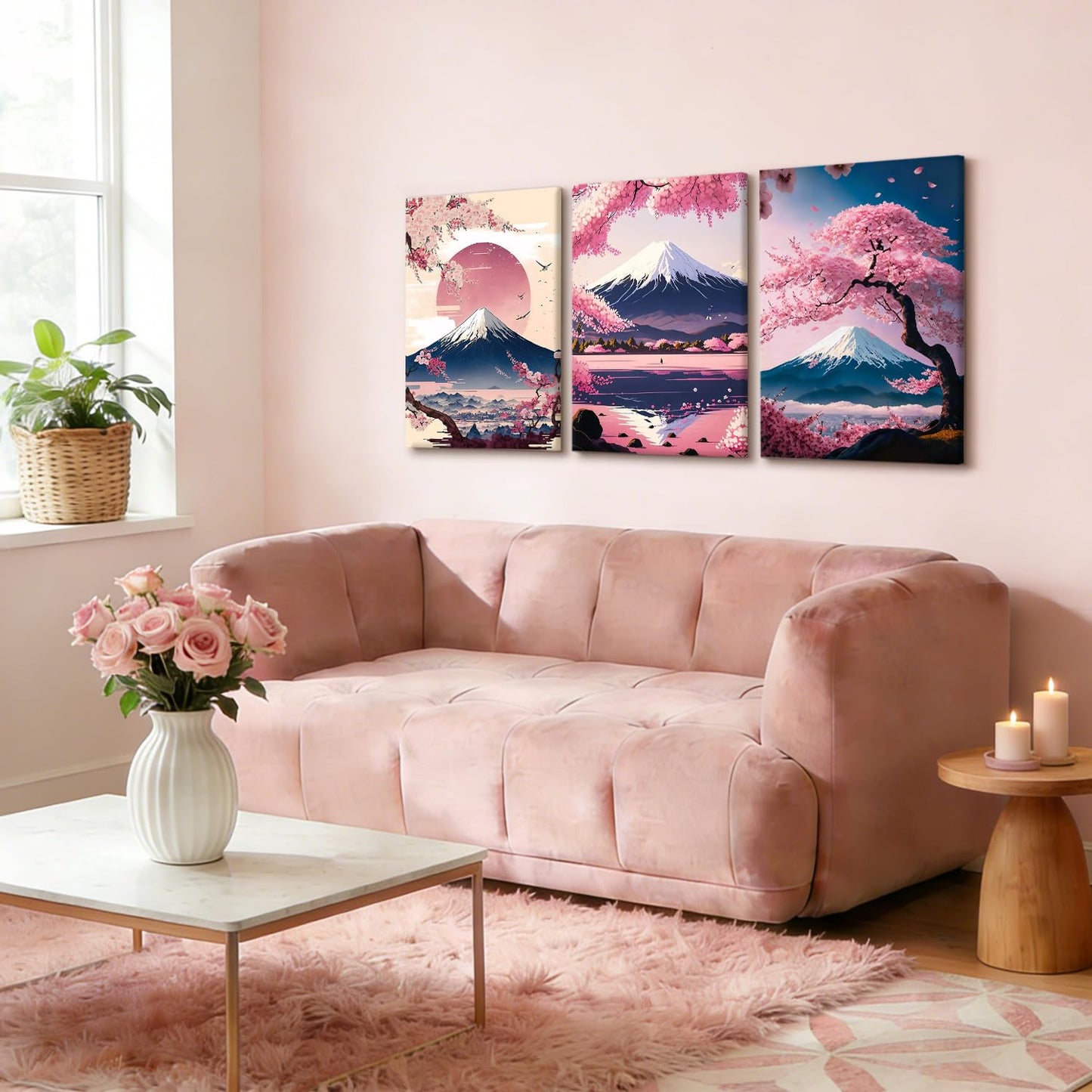 3 Pcs Fuji Mountain Canvas Print Wall Art Japanese Cherry Blossom Artwork Anime Style Posters Prints16x24 Inch Framed Wall Decor for Bedroom Living Room Study Office and Zen Home