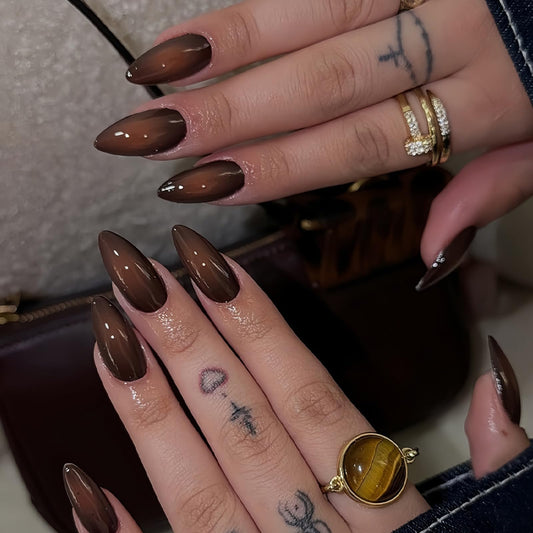 IMSOHOT Press on Nails Almond Medium Fake Nails Black Brown Ombre False Nails Glossy Full Cover Stick on Nails for Women 24Pcs