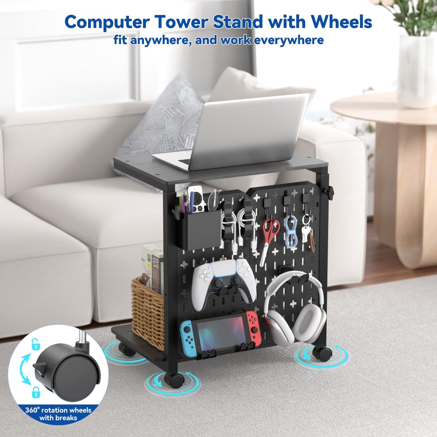 Computer Tower Stand with Pegboard Organizer, Height Adjustable 2-Tier PC Tower Shelf for Floor with Accessories, CPU Holder Cart with Locking Wheels for Most PC Gaming Home Office, 24.2-29.5"