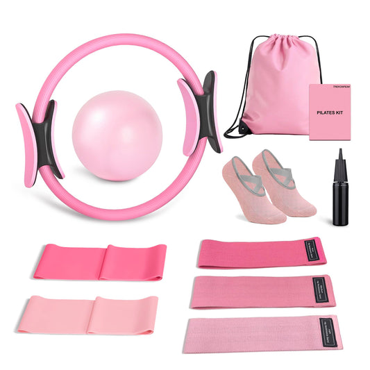 TREKONPEAK Home Pilates Kit, Pilates Workout Kit for Women, Pilates Equipment with Pilates-Ring and Ball Set, Multiple Resistance Bands, Socks (Pink)