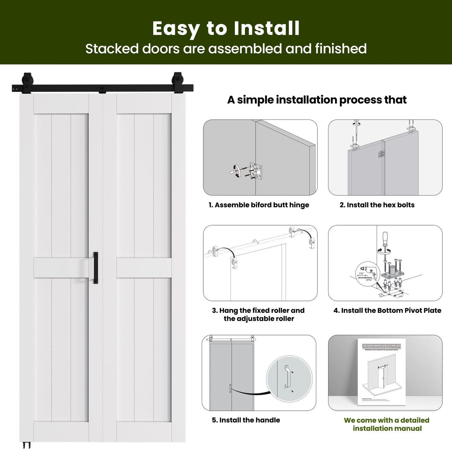 SMARTSTANDARD Bifold Barn Door 28'' x 84'',Bi-Fold Sliding Closet Doors with Hardware Kit Included,32'' Track Kit for 2 Doors,Waterproof & Quiet,Pre-Drilled Holes Easy Assembly,White