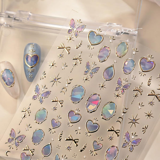 5D Embossed Gold Butterfly Heart Nail Stickers, Holographic Gem Nail Decals, Shiny Celestial Nail Art Supplies for Women Nails Decorations